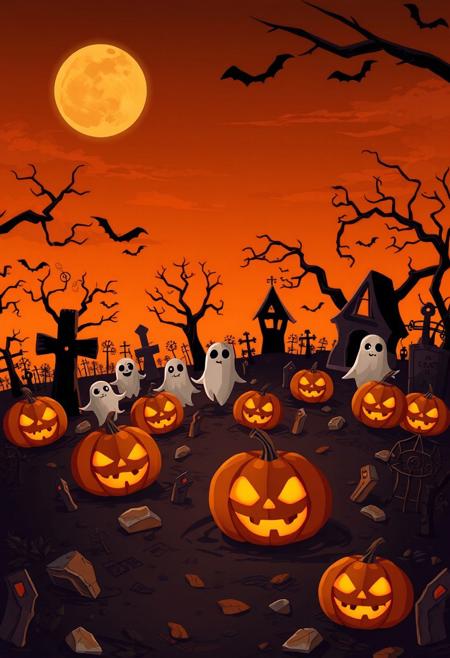 halloween theme, spooky graveyard with pumpkin ghosts creatures and orange sky, higlights are brown 
and black colors, cartoon style, mobile wallpaper, hyper realistic, ultra detailed
