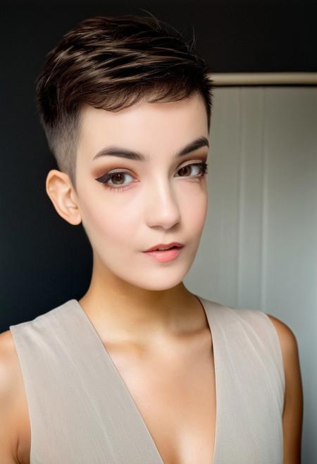 22 yrs Beautiful woman, extreme undercut pixie haircut, short hair combed in right-side part, (skin fade), dark severe shaved sides and back of head, rich brown hair, Flowing pastel sleeveless gown, (close-up, editorial photograph), [[Wide-angle photo]], (background inside dark, moody, private study:1.3), full body portrait, by lee jeffries, nikon d850, film stock photograph, 4 kodak portra 400, camera f1.6 lens, rich colors, hyper realistic, lifelike texture, dramatic lighting, velvia 50, eye contact, faint smile, soft natural makeup, Dark Hazel eyes, Eye contact, pretty young woman in her 20's, good teeth