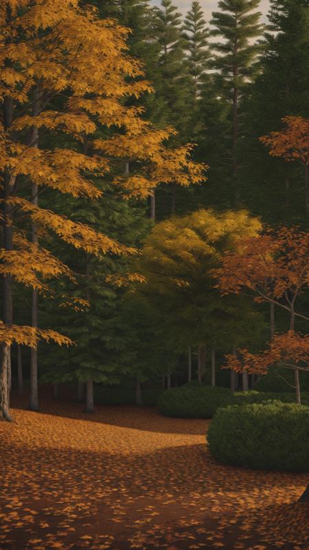 A composition that showcases the vibrant colors of autumn leaves against a backdrop of evergreen pines. Cinematic lighting, ultra-detailed, ultrarealistic, photorealism, 8k, octane render.