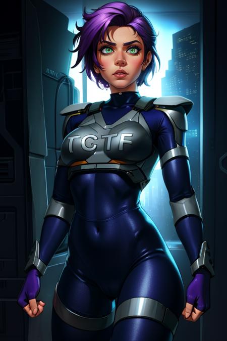 Kanoko,  spiked purple hair, green eyes, solo, standing, close up,   cowboy shot, 
KanArmor, (navy blue tight bodysuit) ,grey shoulder pads, grey knee pads,fingerless gloves,cybercop, cameltoe, 
 cyber police station, window, midnight,
 (insanely detailed, beautiful detailed face, masterpiece, best quality)
 <lora:Kanoko-10v3:0.8>