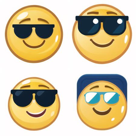 (masterpiece, top quality, best quality, official art, beautiful and aesthetic:1.2),(8k, best quality, masterpiece:1.2), (no humans),a yellow emoticure with sunglasses and a smile on it's face, with a white background, solo, smile, white background, closed eyes, no humans, sunglasses