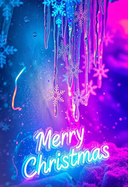 A close-up shot of a vibrant, glowing Christmas card, with a mesmerizing cascade of neon snowflakes suspended mid-fall like frozen icicles in a shimmering waterfall of ice. The icy surface reflects the neon hues, as frost particles dance and shimmer in the radiant light. 'Merry Christmas' glows brightly in icy neon text at the bottom, surrounded by the swirling, ethereal snowflakes.