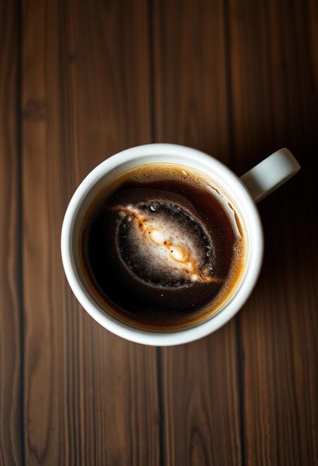 galaxy inside the foam of a coffee cup, top down food photography