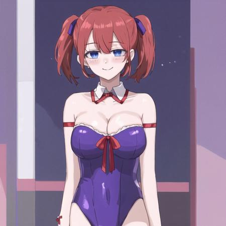 <lora:Jutofe_Akasonu:1.0>, 1girl, alternate costume, bangs, bare arms, bare shoulders, blue eyes, blush, breasts, brown legwear, cleavage, closed mouth, collarbone, detached collar, eyebrows visible through hair, hair between eyes, hair ribbon, hairband, hand up, large breasts, leotard, looking at viewer, pantyhose, purple collar, purple leotard, red hairband, red ribbon, ribbon, silver hair, smile, solo, strapless, strapless leotard, twintails, twitter username