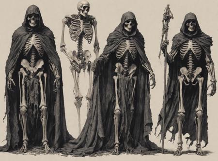 the four horsemen of apocalypse,death,skeleton,(long cape:1.5),(tattered garments:1.5),(wind:1.5),