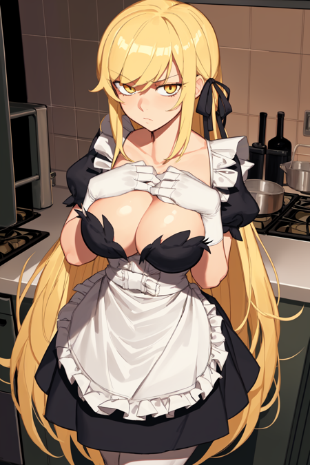 1girl, solo, kiss-shot acerola-orion heart-under-blade, very long hair, blonde hair, hair ribbon, yellow eyes, maid uniform, puffy sleeves, short sleeves, apron, satin gloves, hand on chest, standing, looking at viewer, expressionless, narrowed eyes, disgust, kitchen
<lora:char-kiss-shot:1>
<lora:artist-nezulet:0.7>
<lora:artist-csrb:0.4>