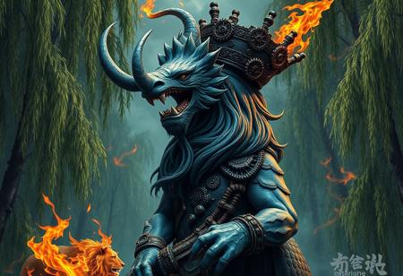 "Create an ultramarine and black centered, highly detailed, golden ratio composition. Feature a zentaur in a regal pose with a prince crown of black gears. Incorporate a fire lion and a forest of willow trees. This should be a full body portrait with intricate details, aiming for a lifelike result. Draw inspiration from artists like Tooth Wu, wlop, and beeple, and consider a character concept art or film still approach."