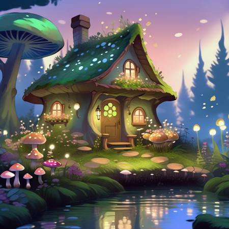 Digital Art Style of a whimsical fairy garden at twilight, where tiny lights flicker among the flowers and mystical creatures flit through the air. A quaint cottage made of mushrooms and moss nestles in the heart of the garden) fairy tale, enchanted forest theme game art concept art digital painting,<lora:Mythoscape Visions - Digital Art Style of a:1>