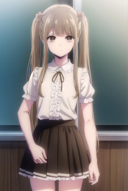 norikokamomebata, <lora:noriko kamomebata s1-lora-nochekaiser:1>,
noriko kamomebata, long hair, blonde hair, brown hair, hair ornament, twintails, (brown eyes:1.5), flower, hair flower,
BREAK skirt, shirt, ribbon, short sleeves, frills, shoes, socks, puffy sleeves, black skirt, neck ribbon, white socks, mary janes, frilled socks,
BREAK indoors, classroom,
BREAK looking at viewer, (cowboy shot:1.5),
BREAK <lyco:GoodHands-beta2:1>, (masterpiece:1.2), best quality, high resolution, unity 8k wallpaper, (illustration:0.8), (beautiful detailed eyes:1.6), extremely detailed face, perfect lighting, extremely detailed CG, (perfect hands, perfect anatomy),