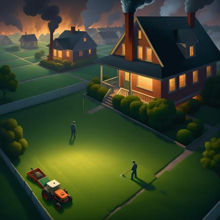 masterpiece,(cartoon style), <lora:CartoonStyle_Hap_XL:1.6>, A sinister-looking man, face hidden in shadows, engages in mowing the lawn under a cover of darkness, neighboring house a frightened spectator, rendered in isometric perspective, details of surrounding smog, industrial pollution from off-seen chimneys and railroads winding into the horizon, enhanced by a 3D rendering technique, specifically using Octane Render, volumetrics to highlight fumes, artwork attributed to greg rutkowski, ultra-realï¼