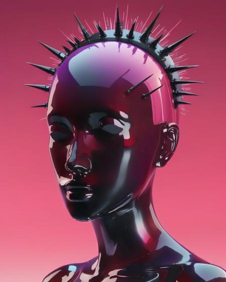 a white mannequin with black hair and a black headpiece with spikes on it's head, Beeple, cinema 4 d, cyberpunk art, net art , black_hair, closed_eyes, evening, gradient, gradient_background, pink_background, pink_theme, portrait, purple_sky, red_background, red_sky, solo<lora:digital_human:1.0>