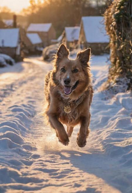 Old English Winter Village, 
mild evening light, a happy dog running,