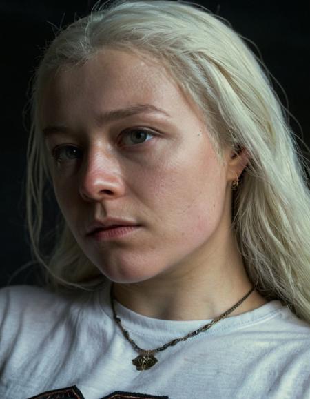 super high resolution intimate photo (extreme close-up) (from below) of rha3nyra looking at camera,she has a long white hair falling behind her back,she is wearing a white t-shirt and taking a selfie,super detailed background,depth of field,(sweaty skin:1.2),volumetric lighting,during daylight,gloomy,(surreal dramatic lighting shadow),natural lighting
