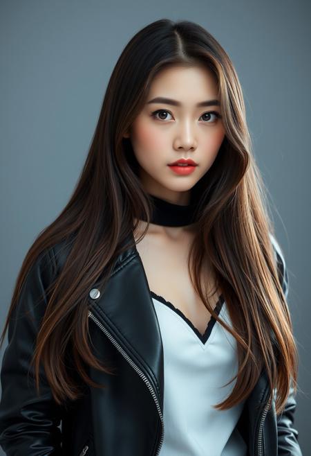 there is a woman with long hair wearing a black jacket, park shin hye as a super villain, jiyun chae, portrait of female korean idol, kim jung giu, female actress from korea, by Zhou Wenjing, korean women's fashion model, gorgeous young korean woman, dilraba dilmurat, beautiful young korean woman, whitebangsblackhair