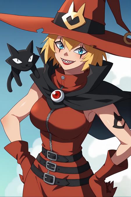 witchmon, gloves, hat, dress, boots, belt, cape, black footwear, grin, high heels, witch hat, red dress, cat, red gloves, witch, black cat