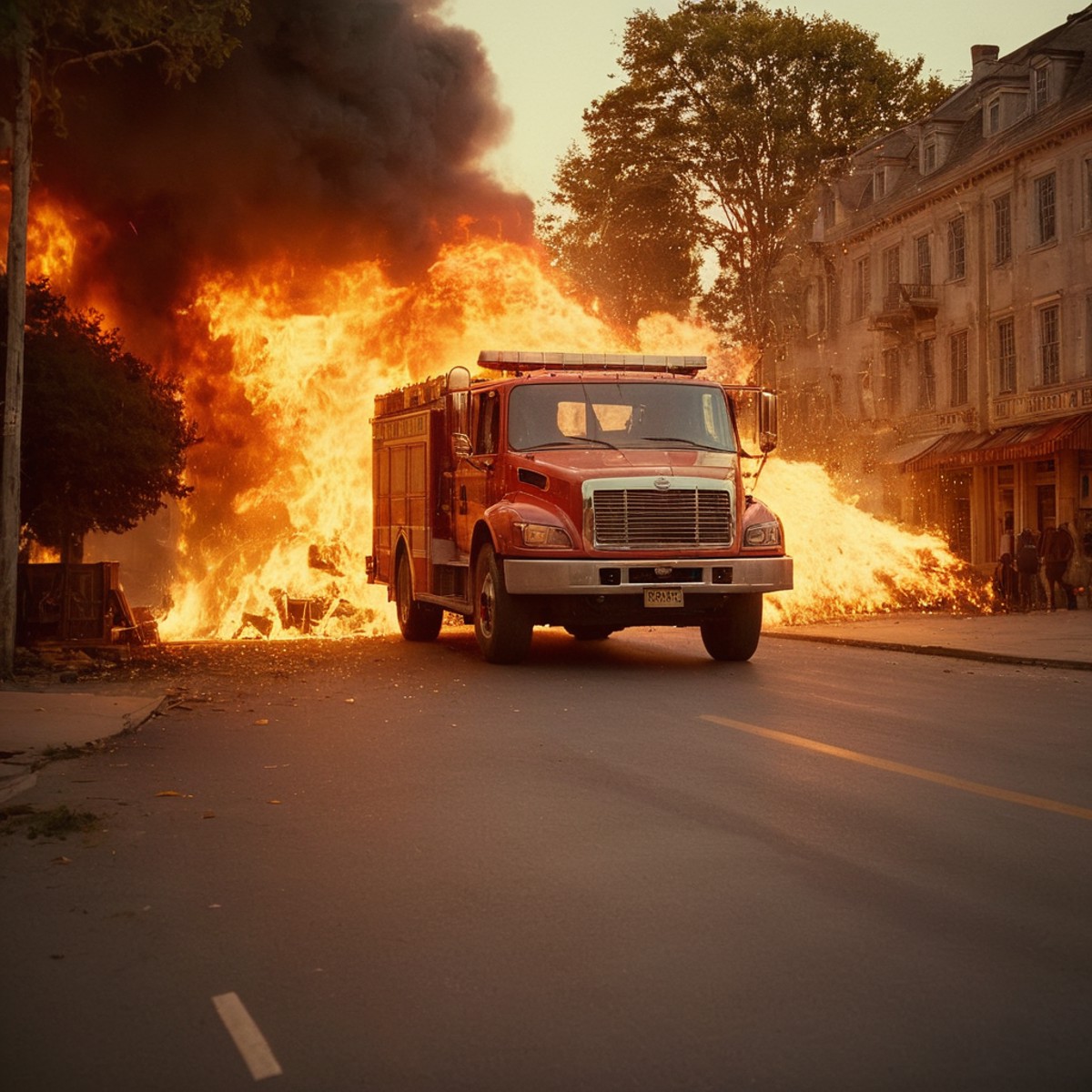 cinematic film still of  <lora:Warm Lighting Style:1>
warm light,a fire truck is on fire in the street,warm lighting style...