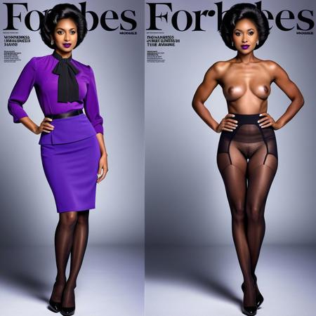 onoff, Forbes magazine cover, a woman wearing a business blouse and (pencil skirt:0.8), full body shot, purple lipstick, black hair, pantyhose, dark skin, afro updo sidepony
