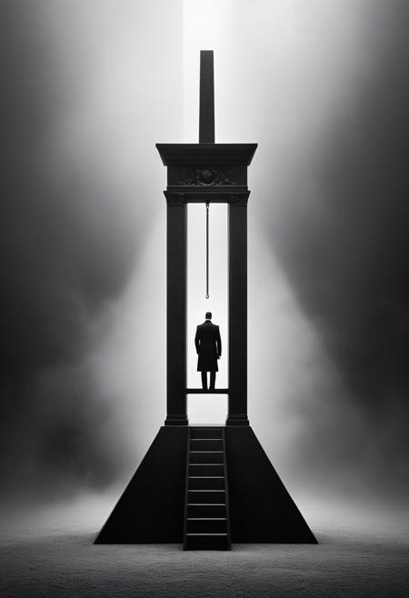 The Businessman and the Guillotine , long exposure photography, black and white minimalism, surreal architecture, visionary symbolism, fantastic realism, mystical atmosphere, dreamlike landscapes, spiritual iconography, high contrast monochrome, ethereal fog, mythic figures, baroque surrealism, esoteric fantasy, meditative visual space, fine art stillness, metaphysical surrealism