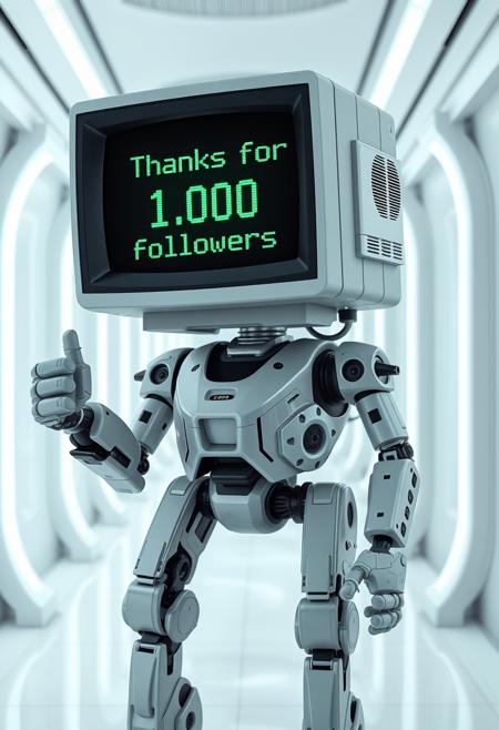 A full-body robot with a CRT monitor for a head, set against a futuristic white corridor. The monitor displays the text 'Thanks for 1.000 followers' in pixel font, with green text on a black background. The robot, designed in a sleek cyberpunk style, is giving a thumbs-up with both hands and has a futuristic, detailed appearance.