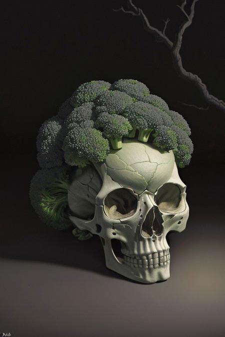 hyperrealistic drawing of a broccoli skull,  intricate,  shading,  (dimly lit:1.5),  background is darkness,<lora:EMS-37230-EMS:0.600000>