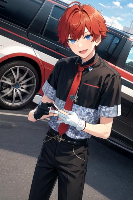 <lora:HiiroAmagi-01:0.7>,hiiro, looking at viewer, smile, open mouth, blue eyes, gloves, 1boy, male focus, red hair, necktie, black gloves, fingerless gloves, ground vehicle, motor vehicle, flag, checkered flag