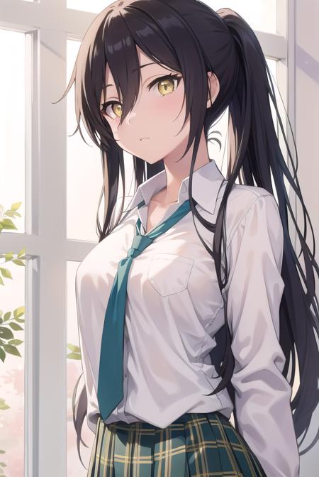 sakuyashirase, <lora:sakuyashirase-lora-nochekaiser:1>,
sakuya shirase, black hair, hair between eyes, long hair, ponytail, (yellow eyes:1.5),
BREAK collarbone, green necktie, green skirt, necktie, open collar, plaid, plaid skirt, pleated skirt, school uniform, shirt, skirt, white shirt,
BREAK looking at viewer, full body,
BREAK indoors, classroom,
BREAK <lyco:GoodHands-beta2:1>, (masterpiece:1.2), best quality, high resolution, unity 8k wallpaper, (illustration:0.8), (beautiful detailed eyes:1.6), extremely detailed face, perfect lighting, extremely detailed CG, (perfect hands, perfect anatomy),