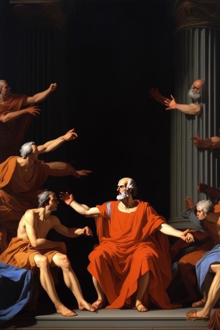 <lora:Nicolas Poussin Style:1>Nicolas Poussin Style - Socrate in the court of Athens, defending himself against the charges of impiety and corrupting the youth. The style is dramatic and intense, capturing the high stakes of the trial. The lighting is harsh and high-contrast, symbolizing the scrutiny Socrate is under. The colors are stark, with a focus on the stark whites of the court and the simple robes of Socrate. The composition is a wide shot using a 24mm lens, capturing the grandeur of the court and the figure of Socrate in the center.