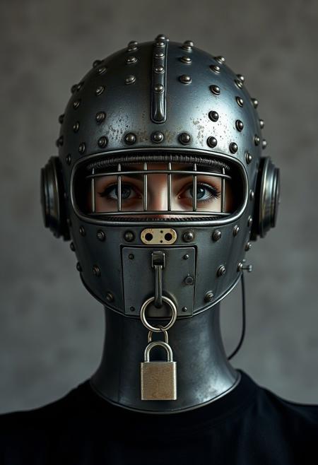 full standing view, A woman is wearing a tightly-fitting bdsm steel head casing covered with rivets and shaped like the head of a woman with a restraint collar and with a barred horizontal eye slit on the front of the head (and a padlocked hinged door closing over the mouth:1.4)