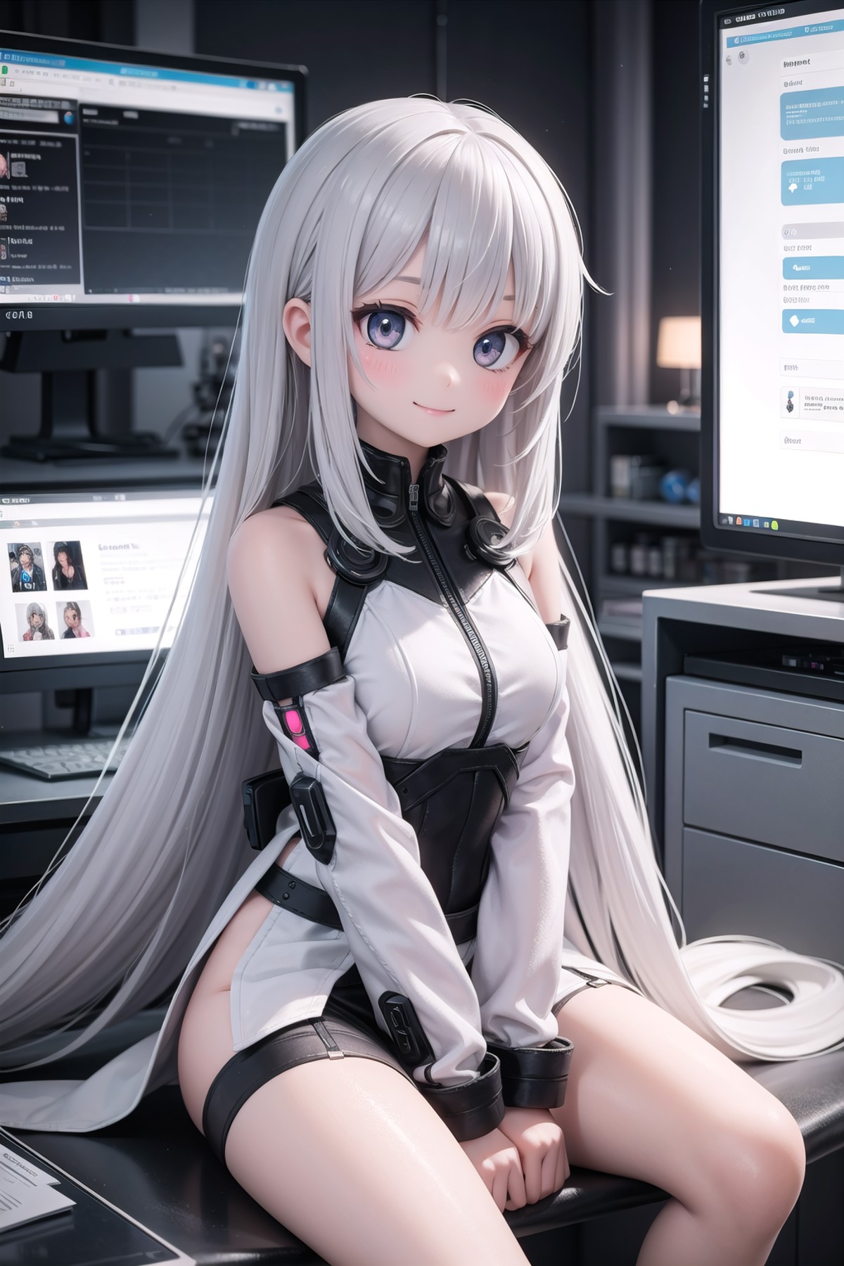 (masterpiece),  (science fiction:1.2),  1girl,  smile,  silver hair,  long hair