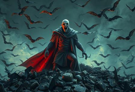 Create a detailed, ultra-realistic image of the Sandman from the Netflix show, standing unmasked on a pile of Dragon Treasure. The character should be screaming at the camera, surrounded by real bats, in the style of a blockbuster Ghostbusters movie print advertisement. Incorporate elements of Pixar cartoon and British propaganda poster aesthetics. Ensure the image is in 4K, high-definition, and features intricate, lifelike details. The output should be a masterpiece, trending on ArtStation, with no watermark signature.