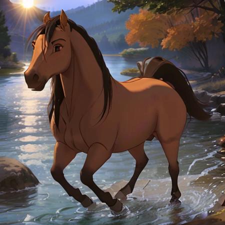 1horse, buckskin coloured horse with a black mane without white spots with a dark brown nose, a black tail, and brown eyes, running, (sun shining), in the river, Soft Lighting, 8k, photorealistic, UHD, HDR, sideview, view from the side, (best quality, masterpiece), ((four legs:1.4)), (spirit2002:1), one head, <lora:spirit2002:0.7>