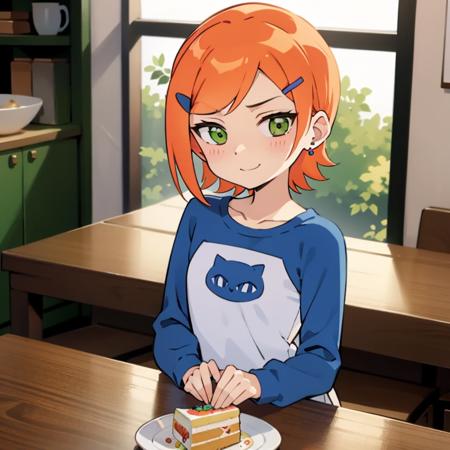 gwen,orange hair,green eyes,short hair,hairclip,looking at viewer,celebrating,birthday,cake,smile,shirt, raglan sleeves, long sleeves, pants