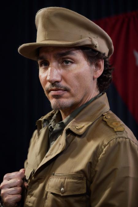 RAW photo, jtrudeau dressed as fidel castro, 8k uhd, dslr, high quality, film grain, Fujifilm XT3, <lora:justin_trudeau_5:0.55>,