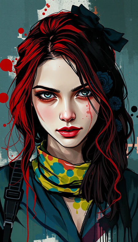 color ink art, by Ashley Wood, young woman, context backgrounds,dark colors