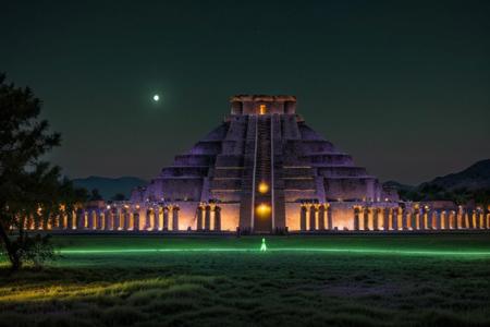 (tall ancient stone towers; 1.39) (ziggurat temple complex emerging from landscape: 1.39) raw photo, moonlight, night photography, high exposure, Arizona desert, Saguaro Cactus, Tall Mesa,  cozy, photorealistic, high detailed texture, 8k uhd, dslr, soft lighting, high quality, film grain, (Fujifilm XT3, Sony A7 IV: 1.19), highly detailed photography, (muted colors, cinematic, dim colors, soothing tones:1.2), vibrant, insanely detailed, hyperdetailed, (dark shot:1.2), (vsco:0.3), (intricate details:0.9), (hdr, hyperdetailed:1.2) (highest coherency: 1.39) (highest quality: 1.39) (rule of Thirds) (award winning) (breathtaking) (masterclass) (vibrant color: 0.79) (distant hillside) (purple-green glow: 1.49) (evil temple: 1.19)
