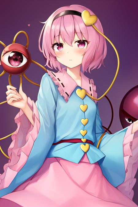 masterpiece, best quality, highres, solo, {komeiji_satori_touhou:1.10}, heart, short_hair, hairband, third_eye, pink_hair, pink_eyes, blush, eyeball, hair_ornament, heart_hair_ornament, 1girl, skirt, wide_sleeves