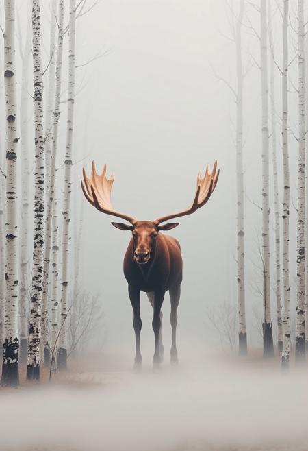 A surreal moose-like creature with overly long limbs and exaggerated antlers stands partially obscured in fog within a structured birch forest. The composition is divided into color blocks of warm ochre and icy gray, flat horizon, a balance of realism and fantastical biology in misty atmosphere