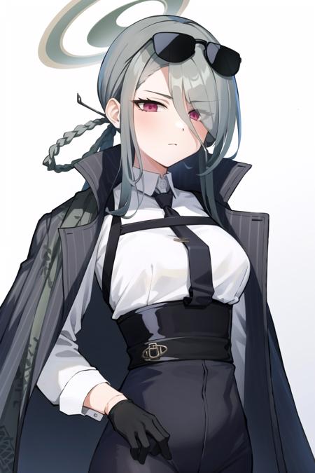 <lora:Konoe Minav2 :0.88>, konoe mina, 1girl, solo, long hair, breasts, looking at viewer, bangs, shirt, red eyes, gloves, closed mouth, white shirt, braid, grey hair, necktie, black gloves, collared shirt, coat, halo, sunglasses, black necktie, eyewear on head, asymmetrical bangs, simple background