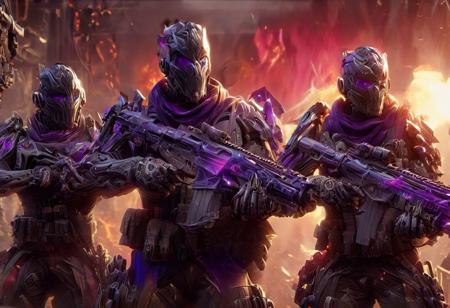 A group of elite mercenary warriors equipped with the latest weaponry and advanced technology, dressed in sleek, modern armor, ready for combat. They represent a diverse range of specialties including (((three riflemans, one medic, one machine gunner, one sniper, one battle mage, and one engineer.))) They stand together in a dynamic composition, each figure poised in a distinctive action pose, with a colorful, detailed background that complements their advanced equipment. Masterpiece, high quality, colorful background, different poses, different armor, different weapons, action poses, 4k, grenade launcher, machine-gun, assault rifle, sniper rifle, purple colors