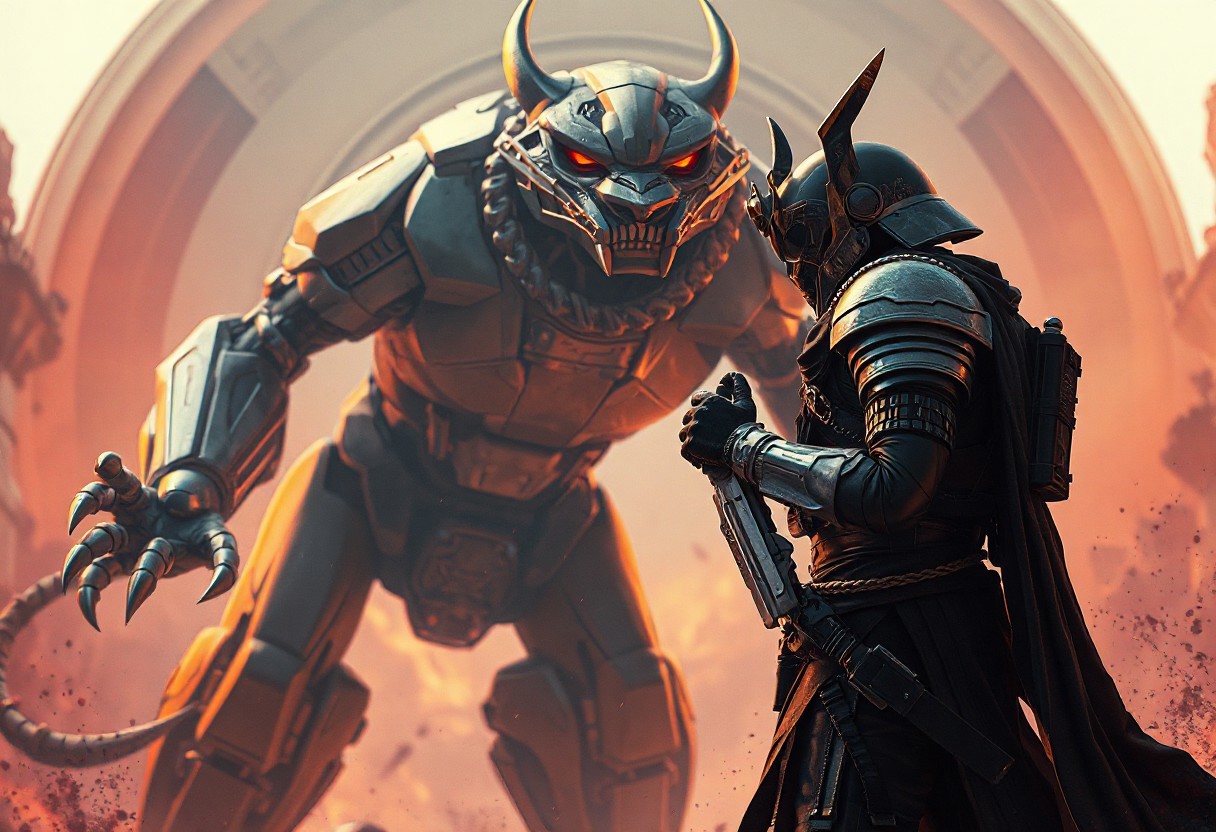 Silent standoff: Horus' Servant soldier in black/gray gear with gun and knife, facing Brotherhood of the Fire Fist - Tiger King robot, gray/black with claw arm and visor. Dream Mirror of Joy background, highly detailed backdrop. Cinematic lighting, dynamic pose, isometric, Golden Ratio composition. Splash Ink Illustration, Raphael style, Houdini style, Octane Render, Unreal Engine 5, Grammer Effect style. Vivid detail, stunning colors, trending on ArtstationHQ, CGSociety.