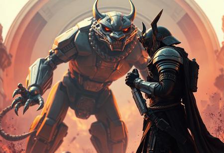 Silent standoff: Horus' Servant soldier in black/gray gear with gun and knife, facing Brotherhood of the Fire Fist - Tiger King robot, gray/black with claw arm and visor. Dream Mirror of Joy background, highly detailed backdrop. Cinematic lighting, dynamic pose, isometric, Golden Ratio composition. Splash Ink Illustration, Raphael style, Houdini style, Octane Render, Unreal Engine 5, Grammer Effect style. Vivid detail, stunning colors, trending on ArtstationHQ, CGSociety.
