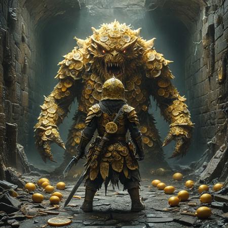 core_9_up, score_8_up, score_7_up, score_6_up, incredibly absurdres, BREAK physically-realistic, anatomically-correct, detailed, intricate, professional, logical, make sense, perfection, perfect, photography, 1boy, scrap samurai, junk sword, scrap armor made out of gears, rear view, standing in front of sewer monster made out of lemons, in a dark tunnel, lemon monster obscured by shadows, eyes glow yellow, bosstyle, wl_lemons