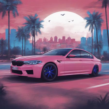 stylized illustration of bmw m5, artwork, colorful with city street and palm tree background, outrun, pink and blue <lora:bmw_m5:1>