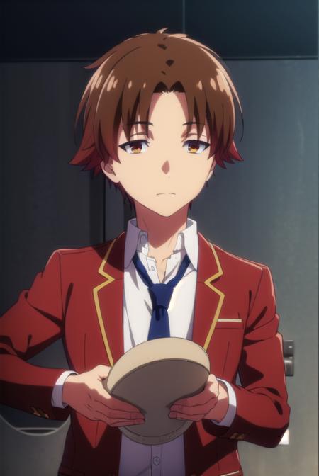 kiyotakaayanokouji, <lora:kiyotaka ayanokouji s2-lora-nochekaiser:1>,
kiyotaka ayanokouji, brown hair, (brown eyes:1.5), male focus, (parted bangs:1.5), short hair,
BREAK school uniform, jacket, necktie, blazer, blue necktie, shirt, white shirt, collared shirt, (red blazer:1.5),
BREAK indoors, classroom,
BREAK looking at viewer, (cowboy shot:1.5),
BREAK <lyco:GoodHands-beta2:1>, (masterpiece:1.2), best quality, high resolution, unity 8k wallpaper, (illustration:0.8), (beautiful detailed eyes:1.6), extremely detailed face, perfect lighting, extremely detailed CG, (perfect hands, perfect anatomy),