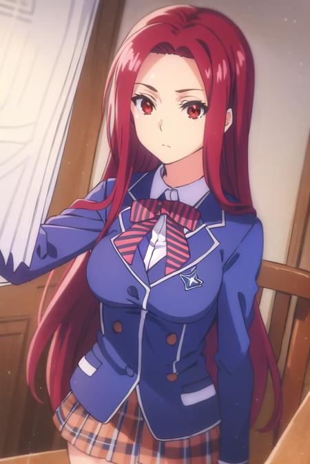 ryouko sakaki,  long hair, (red eyes:1.3), red hair, (forehead:1.2), bow, school uniform, striped, bowtie, blazer, striped bowtie, blue blazer, brown skirt, plaid skirt, plaid, chef, pants, white pants,