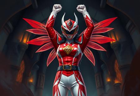 An epic fantasy illustration painting of a Mystical Fairy Elfuria centered, arms triumphantly raised, set against a brooding, artistically rendered Mimighoul Dungeon background. The vibrant red and white Power Ranger armor is depicted with expressive, sharp lines and brush strokes, emphasizing its iconic design and a detailed black belt with gold buckle. The composition is impeccable, using harmonious and multi-colored palettes that make the subject pop against the attractive, slightly stylized dungeon environment. The pose radiates vivid emotions and joyful impact. Handcrafted with Precision, High Quality, Stunning Colors, Impeccable Composition, Creative Angle, Attractive Background, Artstation Trending on ArtstationHQ, CGSociety, Beautiful Matte Painting.