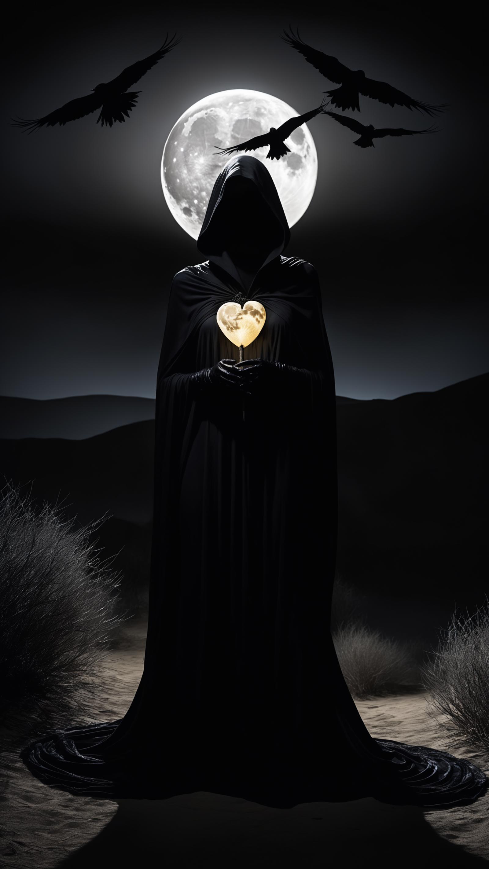 A dark figure in a black cloak holding a heart-shaped lantern under a full moon.