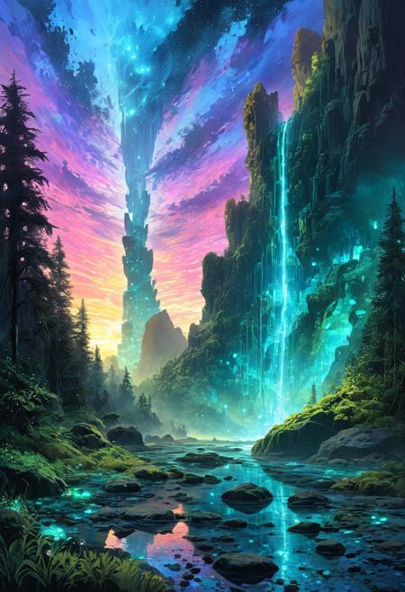 (by Ellen Jewett:1.5), (Bioluminescent Impressionism, Egyptian landscape, The Dreamland, PAcific Northwest, forests, rock, greatCascades Mountains, , techno towers with great beams of light shooting up into the sky,  sky sunset, sunrise ,waterfall, ethereal landscapes, depth of field, biotech emotion:1.3) <lora:xl_more_art-full_v1:0.5> <lora:add-detail-xl:1> <lora:RMSDXL_Creative:2>