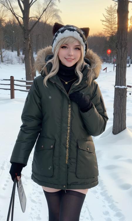 meggii2023, 1 girl, uhd, best quality, masterpiece, turtleneck, parka, winter wonderland, smile, walking