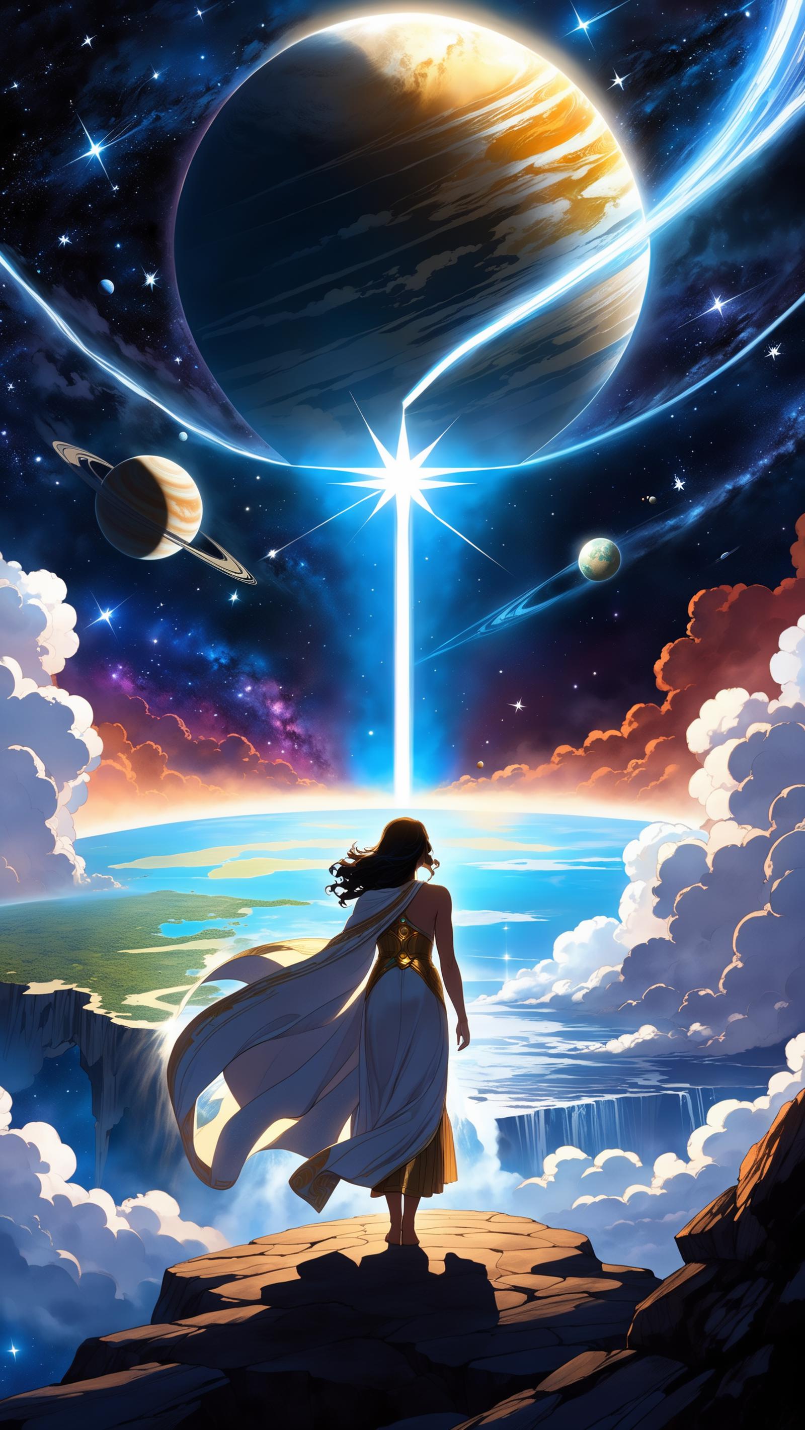 A woman in a long white dress walking on clouds with a backdrop of planets and a star.